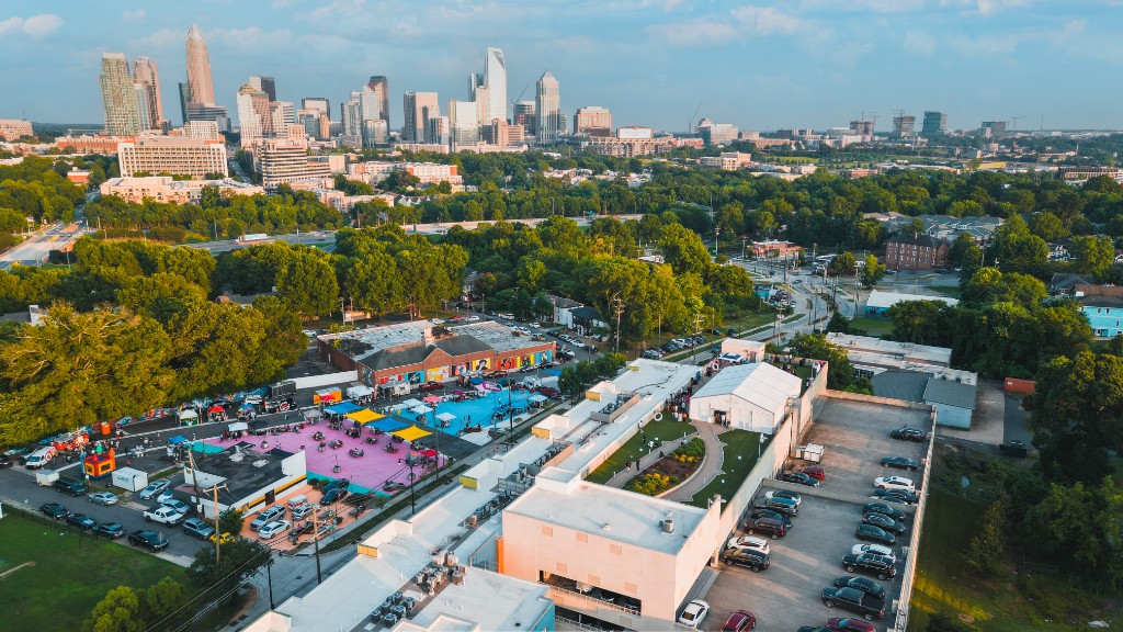 Aerial — urban event space and city skyline