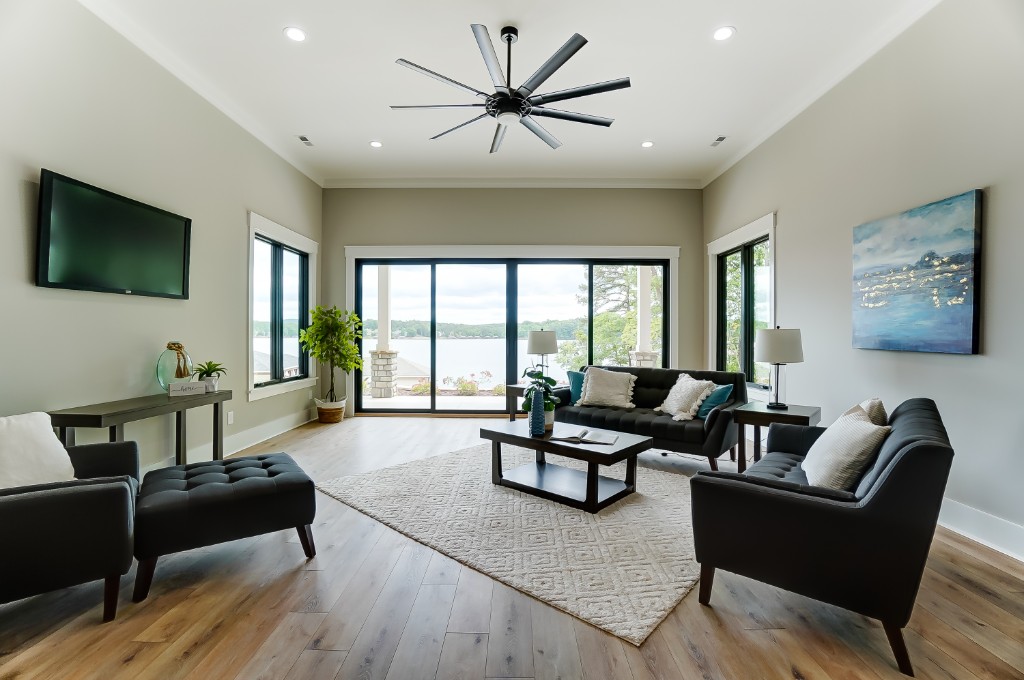 Living room with panoramic lake view
